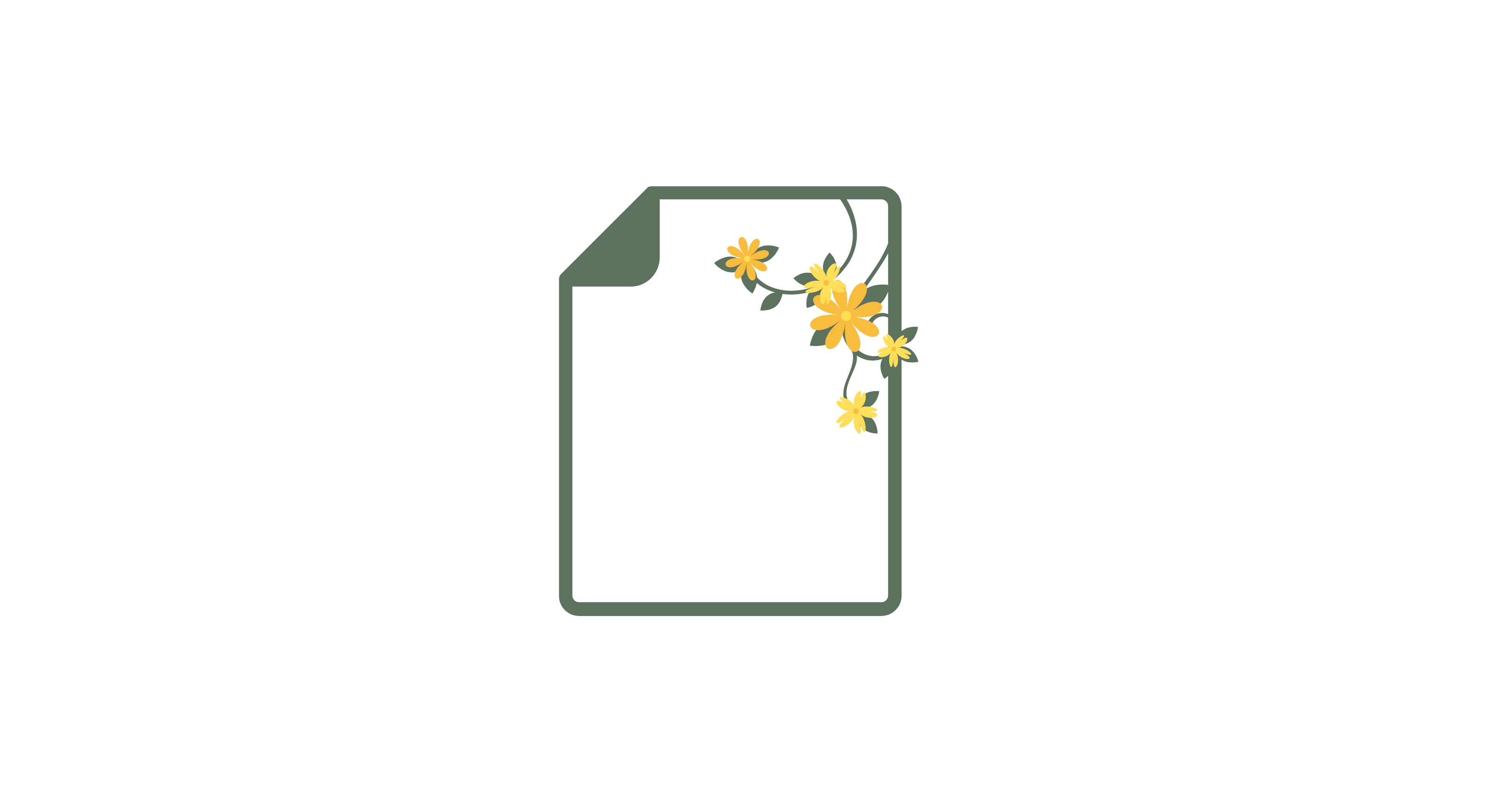 An icon of paper, with yellow flowers blossoming in the corner of a sheet of paper, representing the premium seeded paper that A La KArt Creations uses for all of their products.