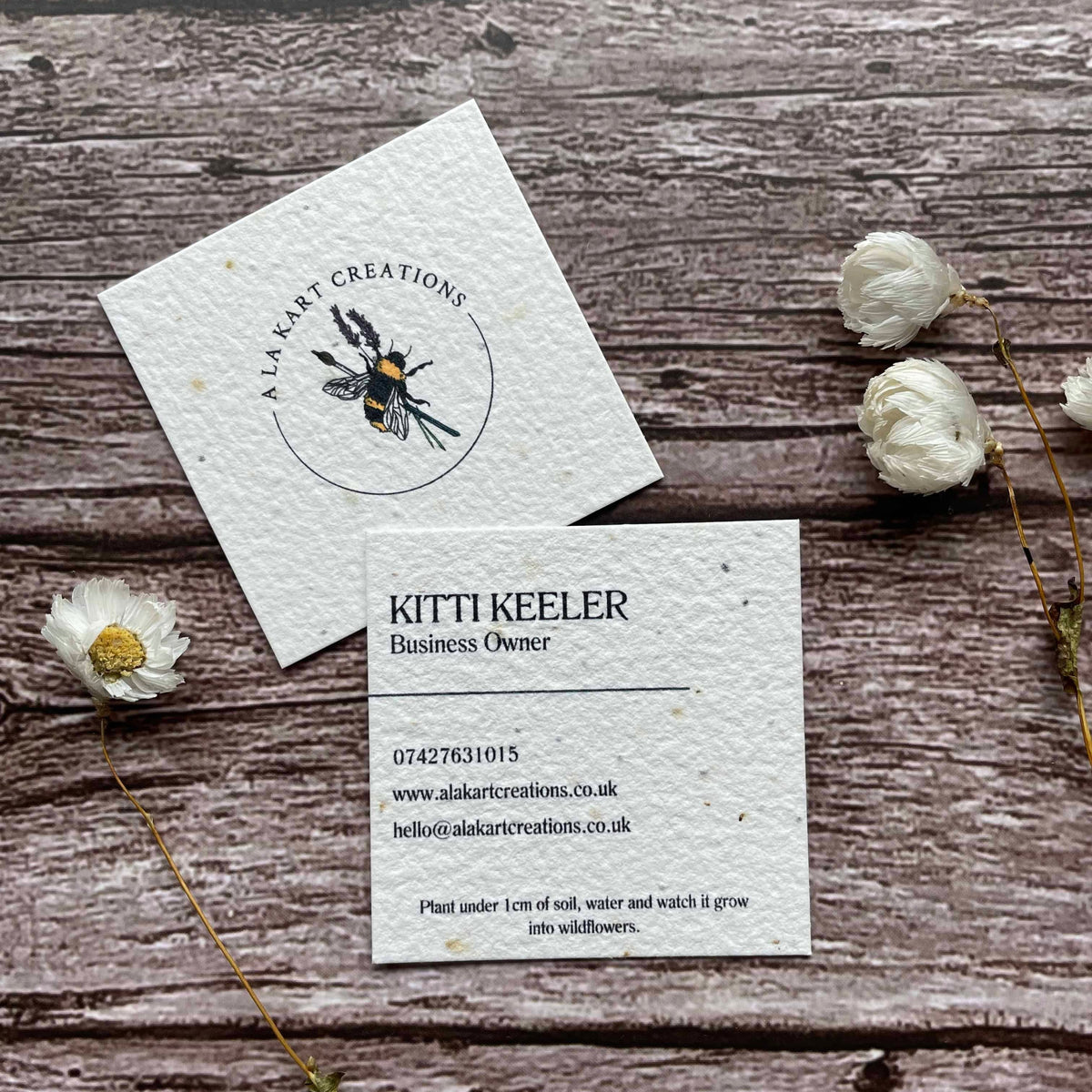 square plantable seed paper business cards with simple plain design, ideal for customisation, alakartcreations