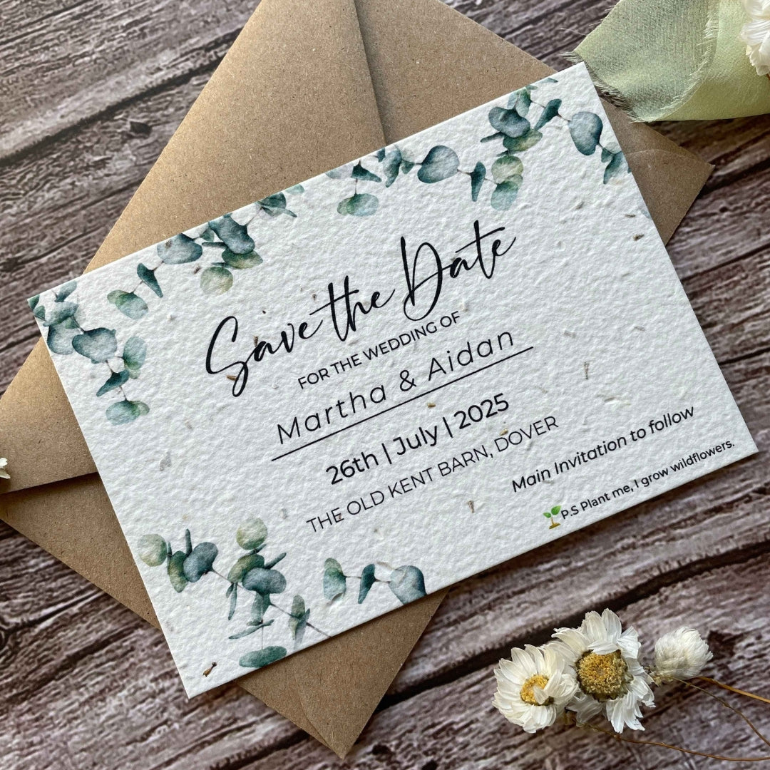 plantable wedding save the date cards eucalyptus theme, angled view brown envelope, alakartcreations
