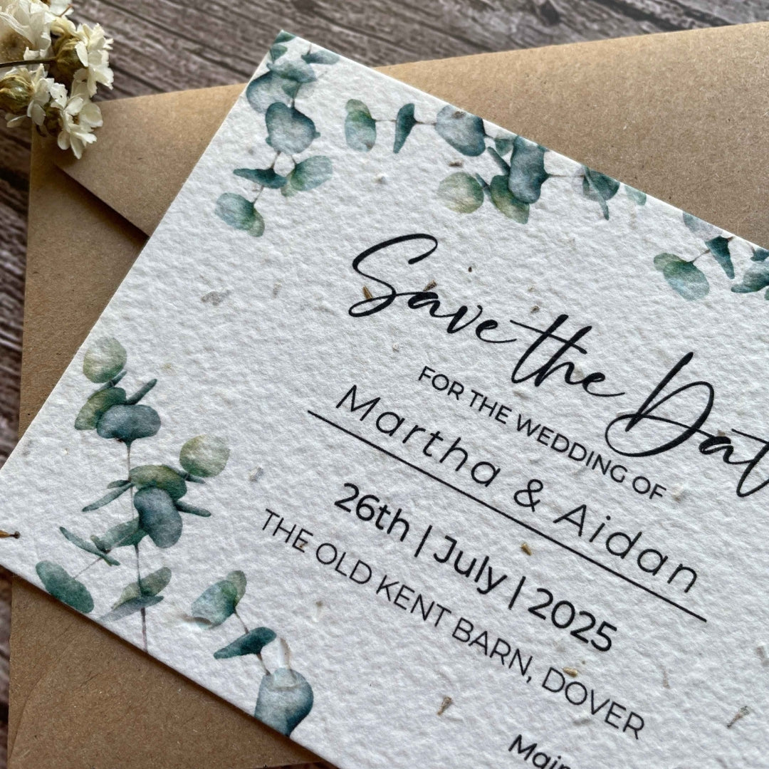 plantable wedding save the date cards eucalyptus theme, angled close-up brown envelope, alakartcreations