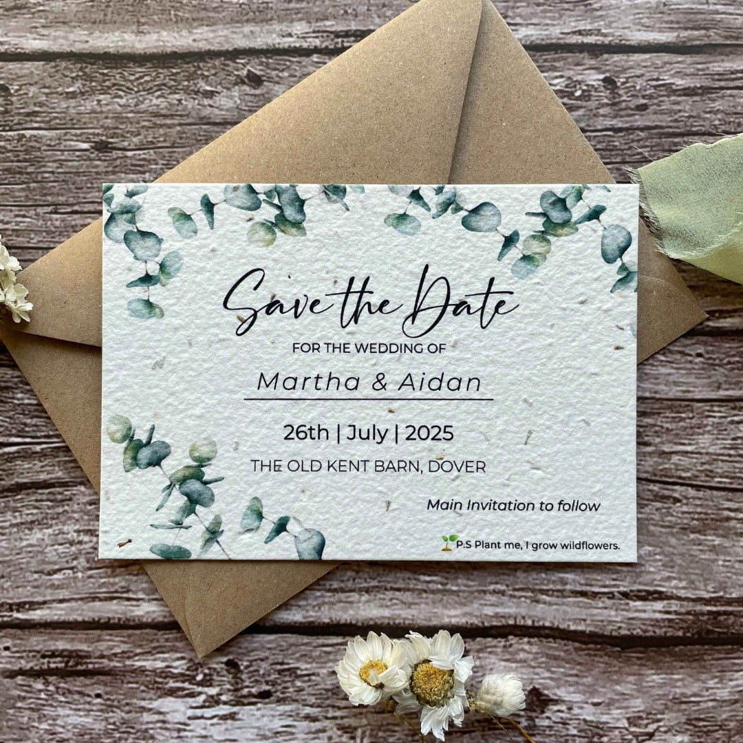plantable wedding save the date cards eucalyptus theme, brown kraft envelope, alakartcreations