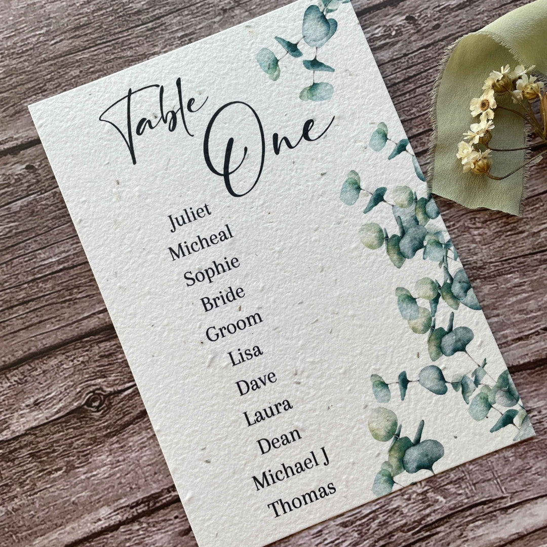 plantable seed paper wedding table seating plan with eucalyptus theme, angled view, eco-friendly wedding stationery, alakartcreations