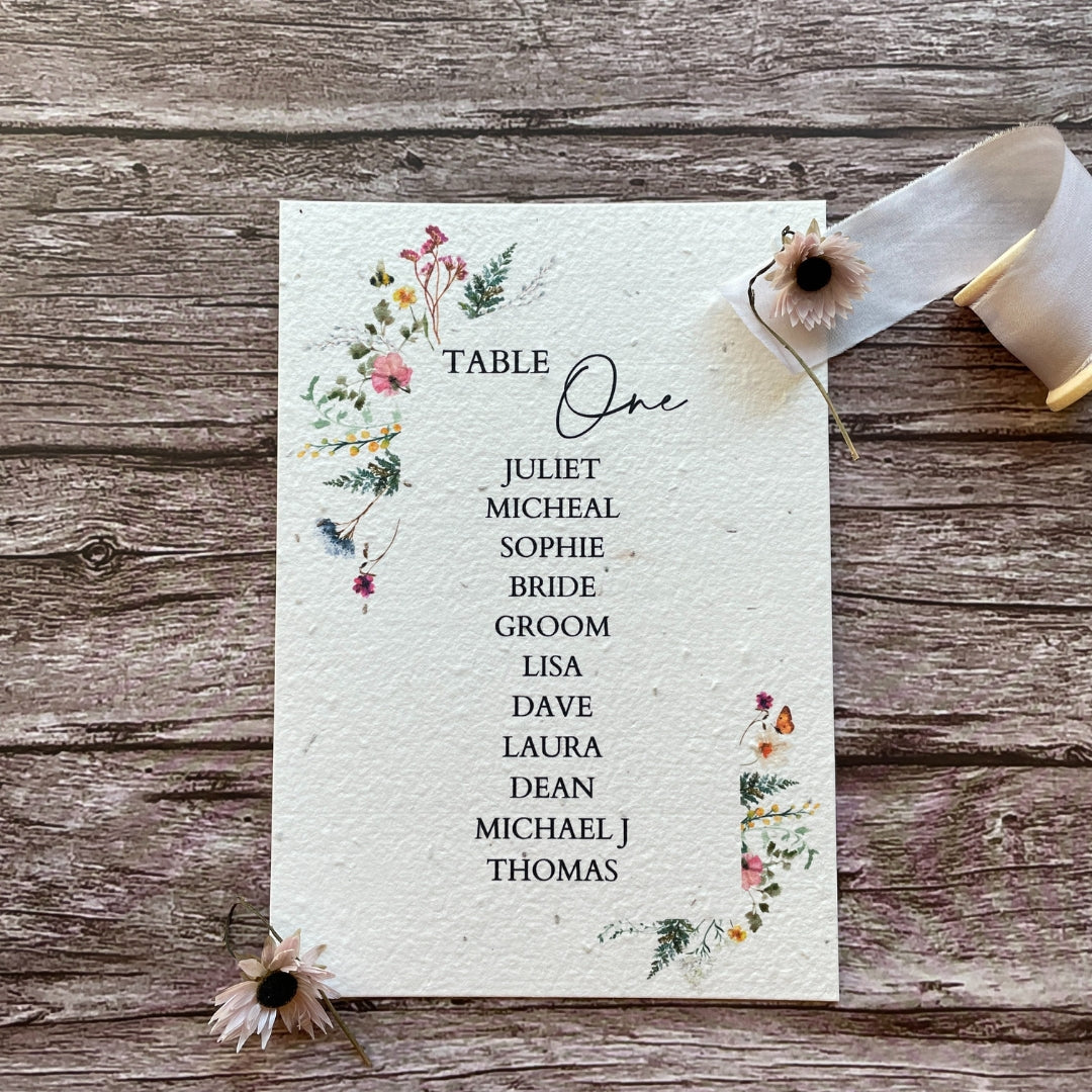 plantable seed paper wedding table seating plan with wildflower meadow theme, front view, eco-friendly wedding stationery, alakartcreations