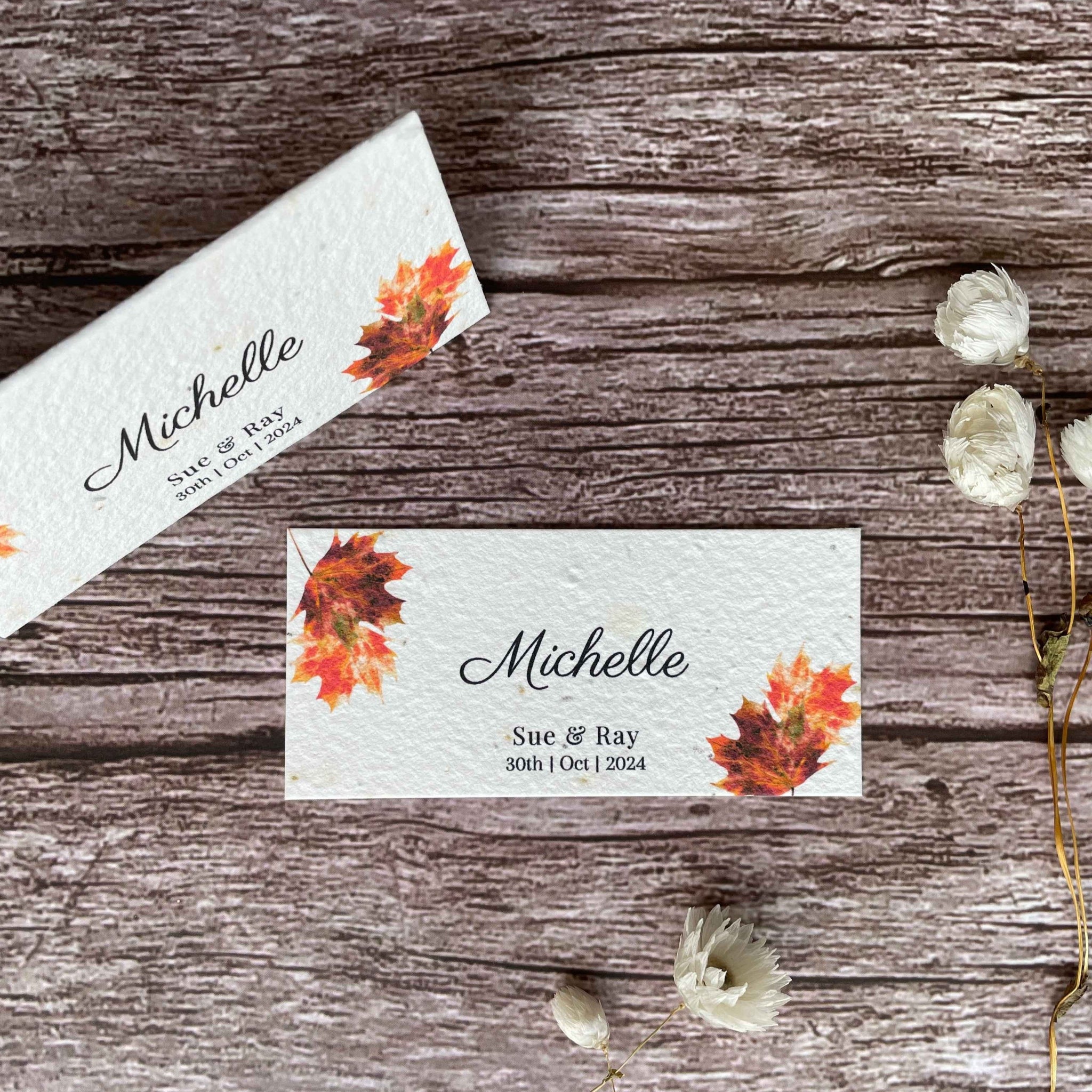 plantable wedding place cards with autumn maple leaves design, eco-friendly seed paper, alakartcreations