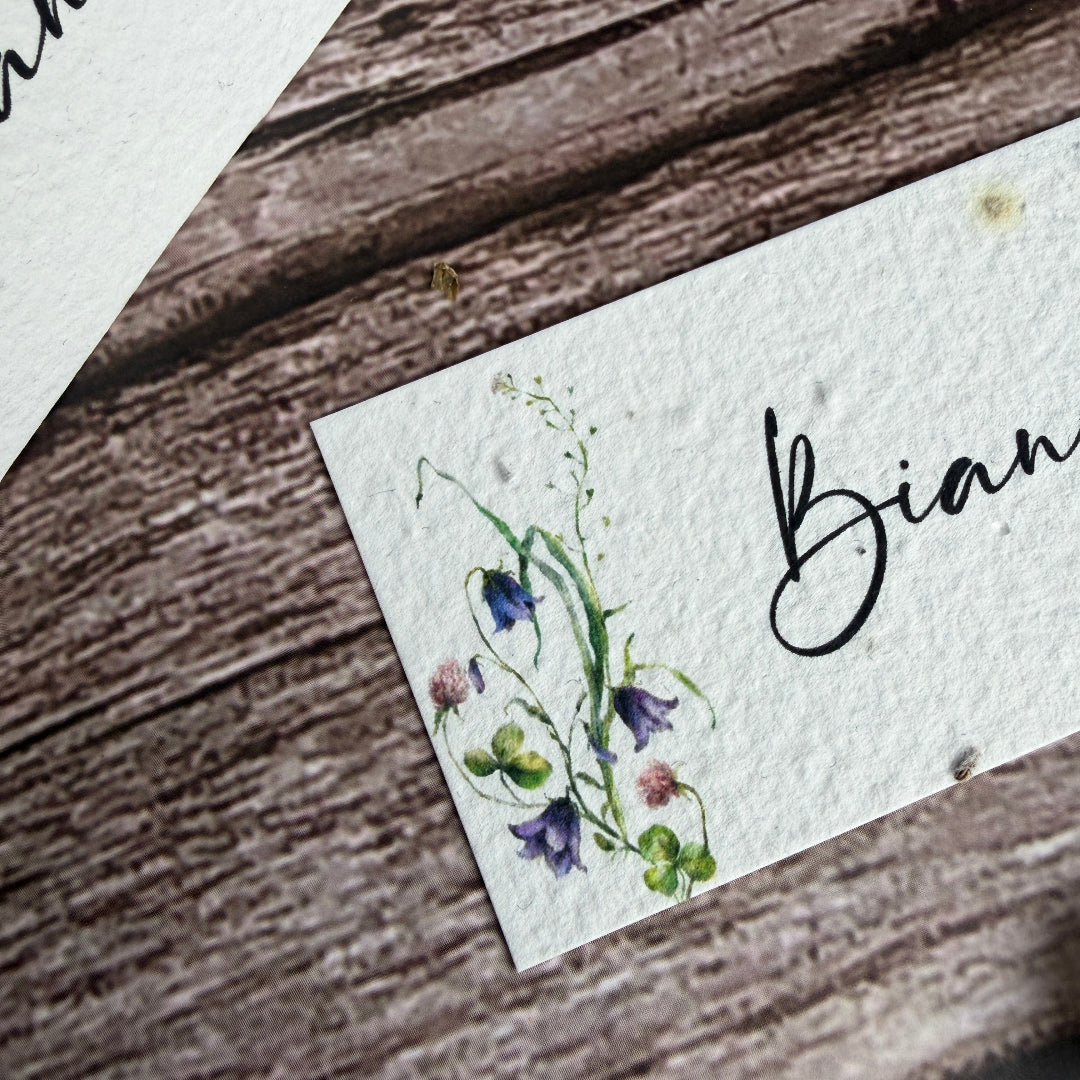 plantable wedding name cards with wildflowers close up