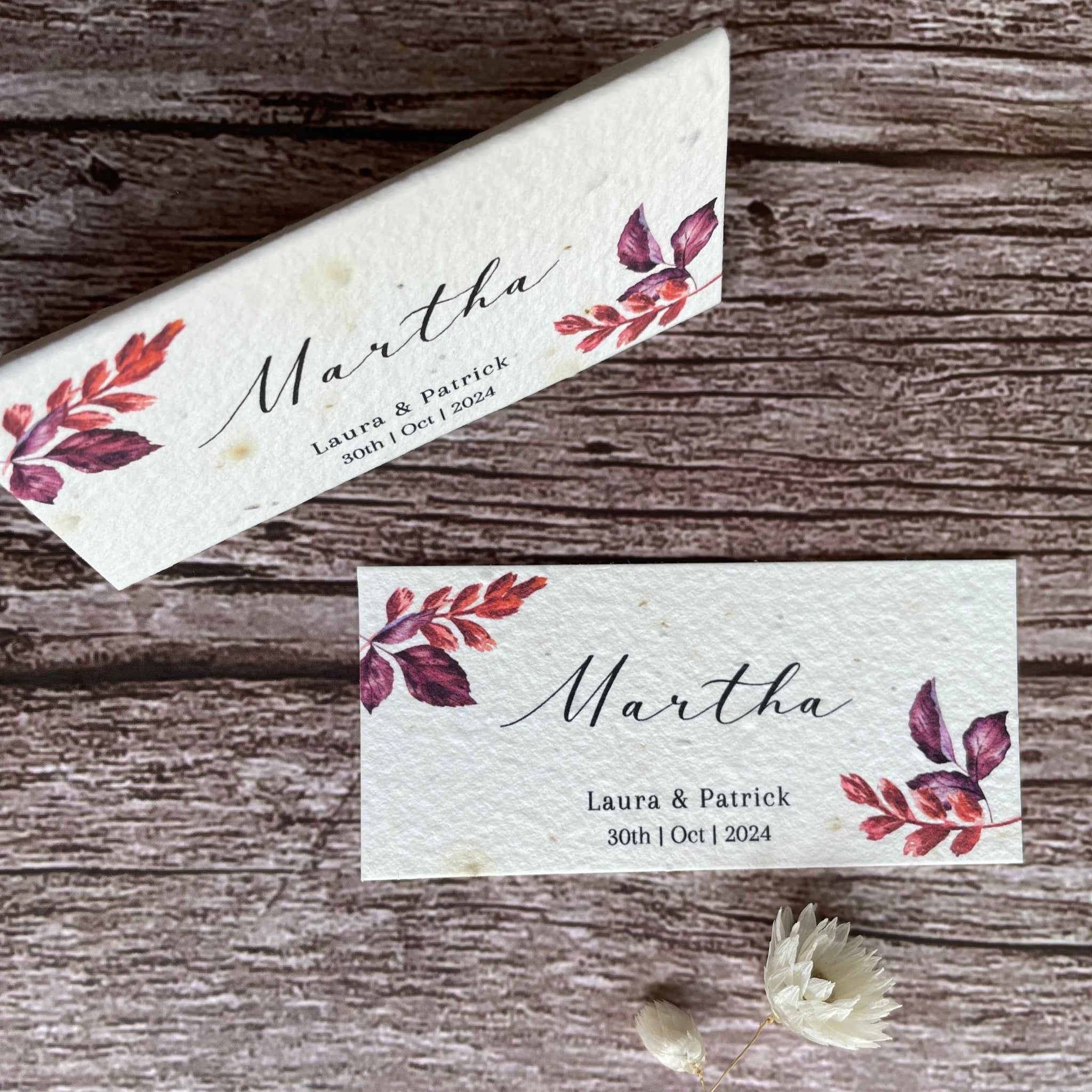 autumn themed wedding place cards made of plantable seed paper, plum autumn leaves design, alakartcreations