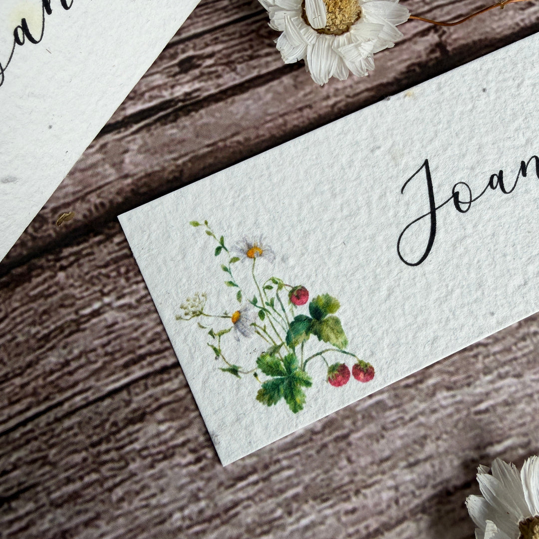 plantable place cards for weddings with strawberry design