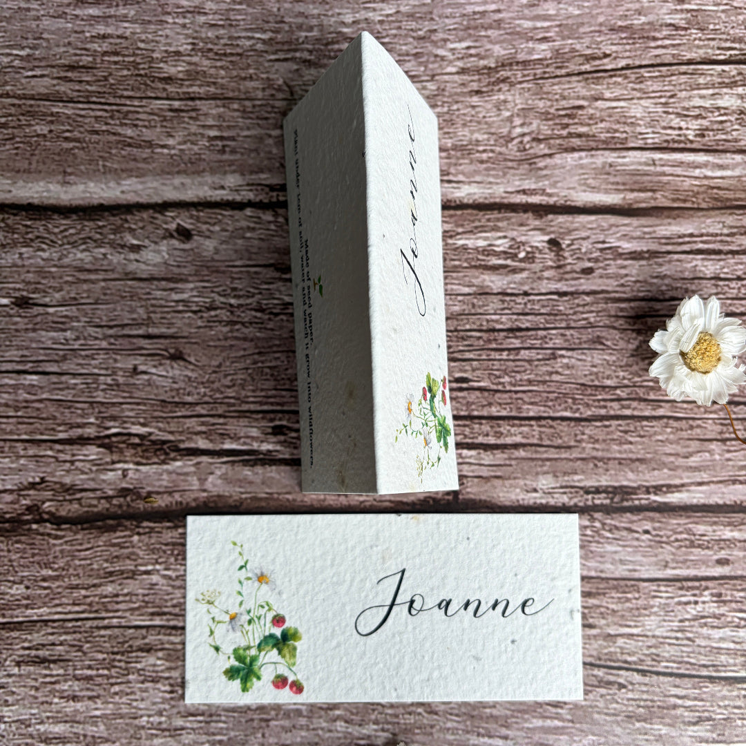 strawberry design added to seed paper place cards