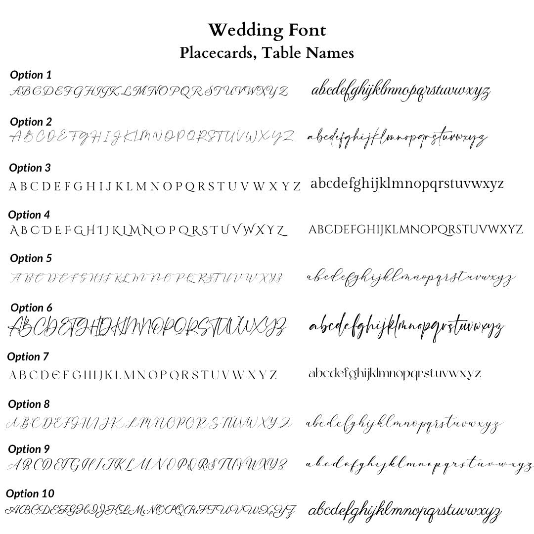 Comparison of ten wedding font styles for placecards and table names on a white background.