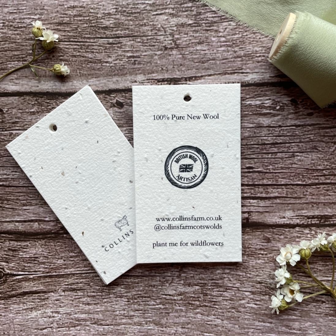 plantable brand swing tags made from wildflower seed paper