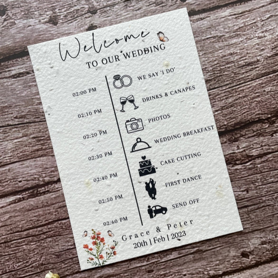 plantable wedding order of service burnt orange theme, angled left view, eco-friendly seed paper, alakartcreations