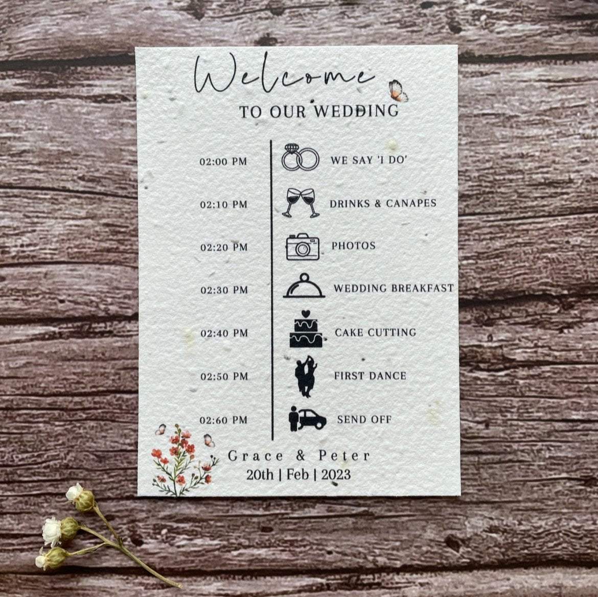 plantable wedding order of service burnt orange theme, front view, eco-friendly seed paper, alakartcreations