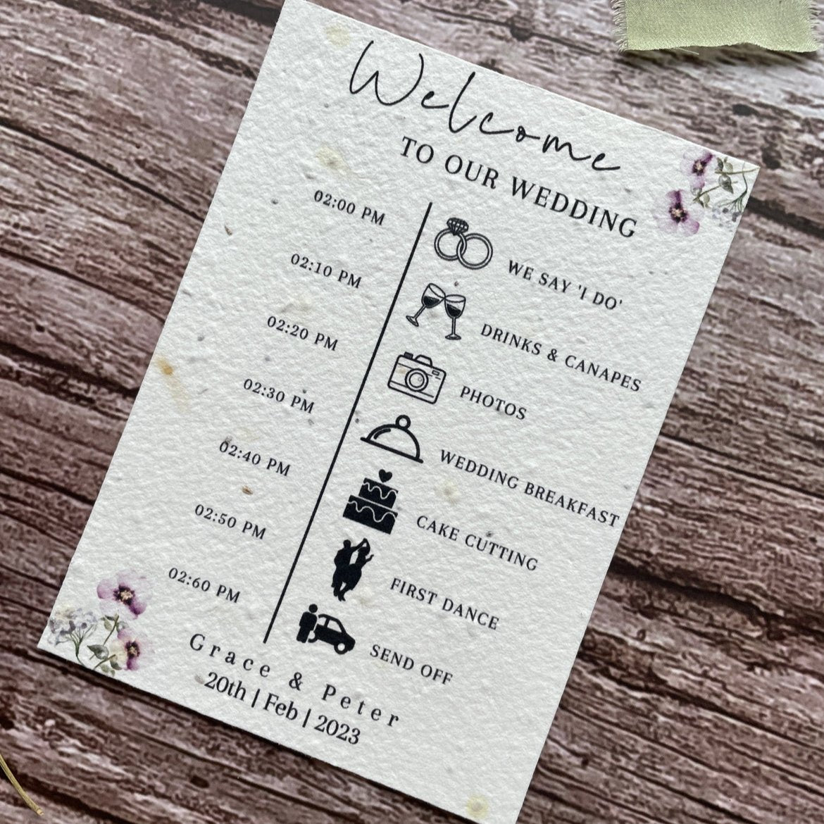 plantable wedding order of service cards lilac theme, angled right view, eco-friendly seed paper, alakartcreations