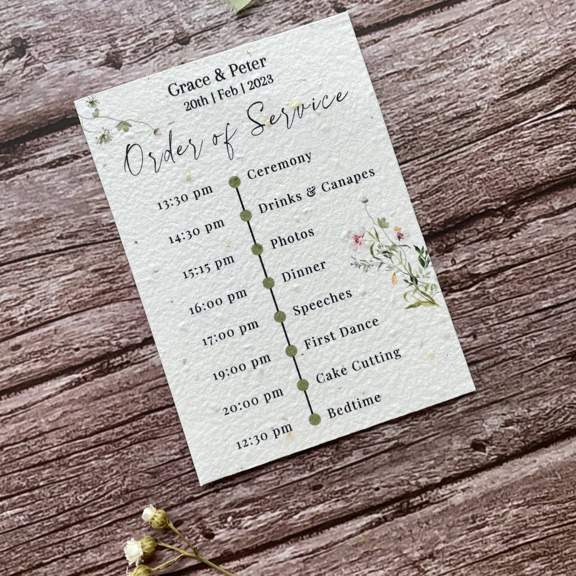 plantable wedding order of service cards spring green theme, angled left view, eco-friendly seed paper, alakartcreations