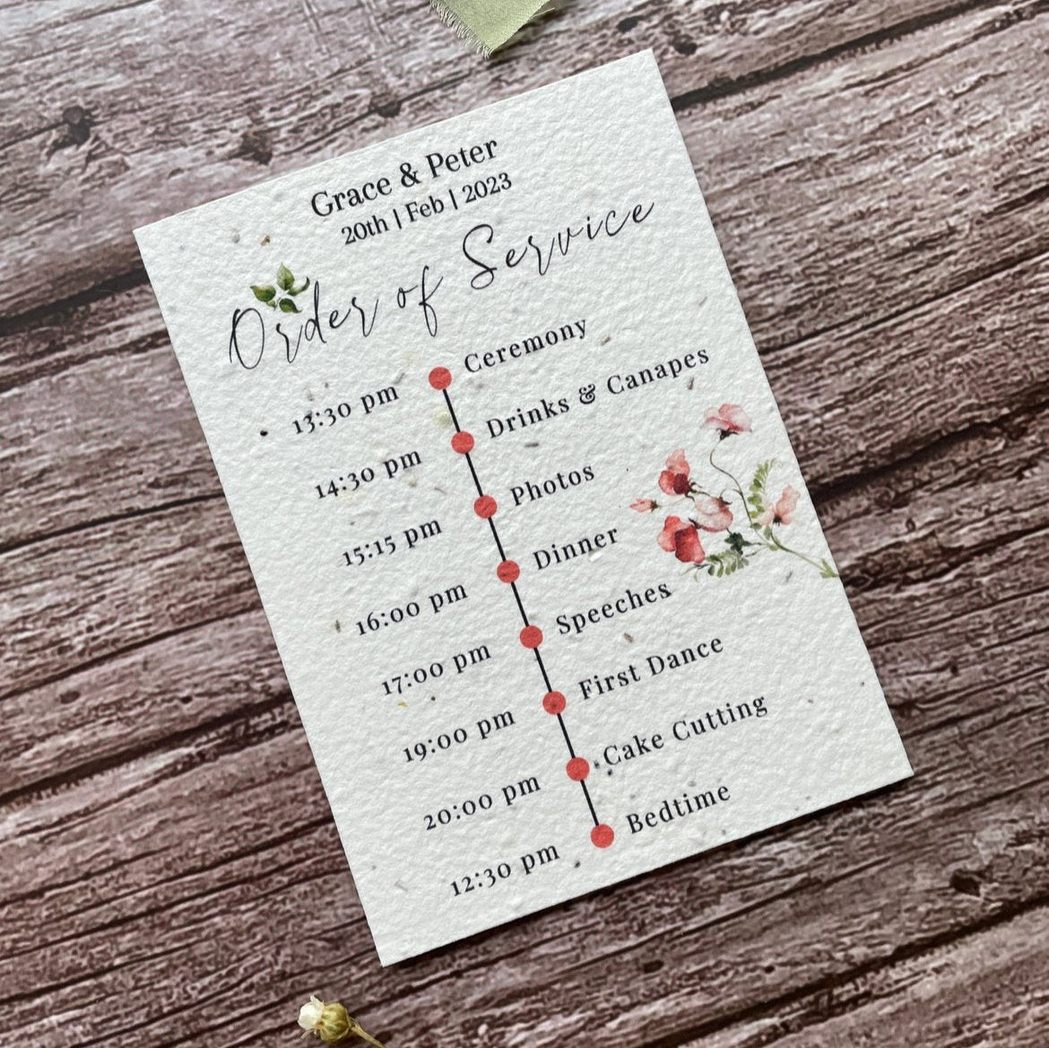 plantable wedding order of service cards sweet pea theme, angled left view, eco-friendly seed paper, alakartcreations