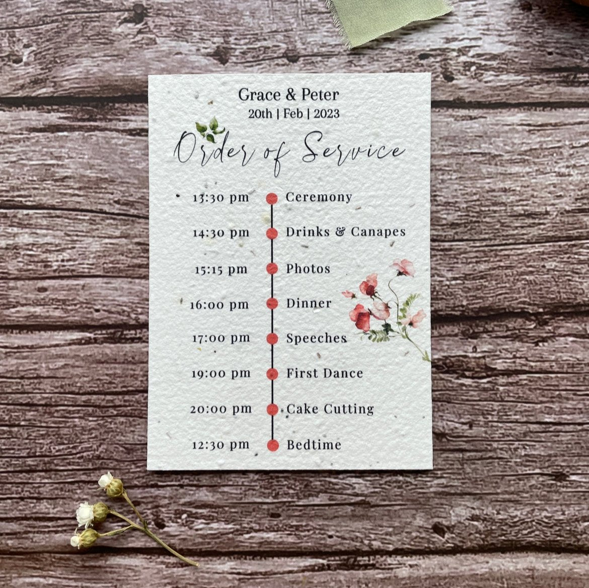 plantable wedding order of service cards sweet pea theme, front view, eco-friendly seed paper, alakartcreations