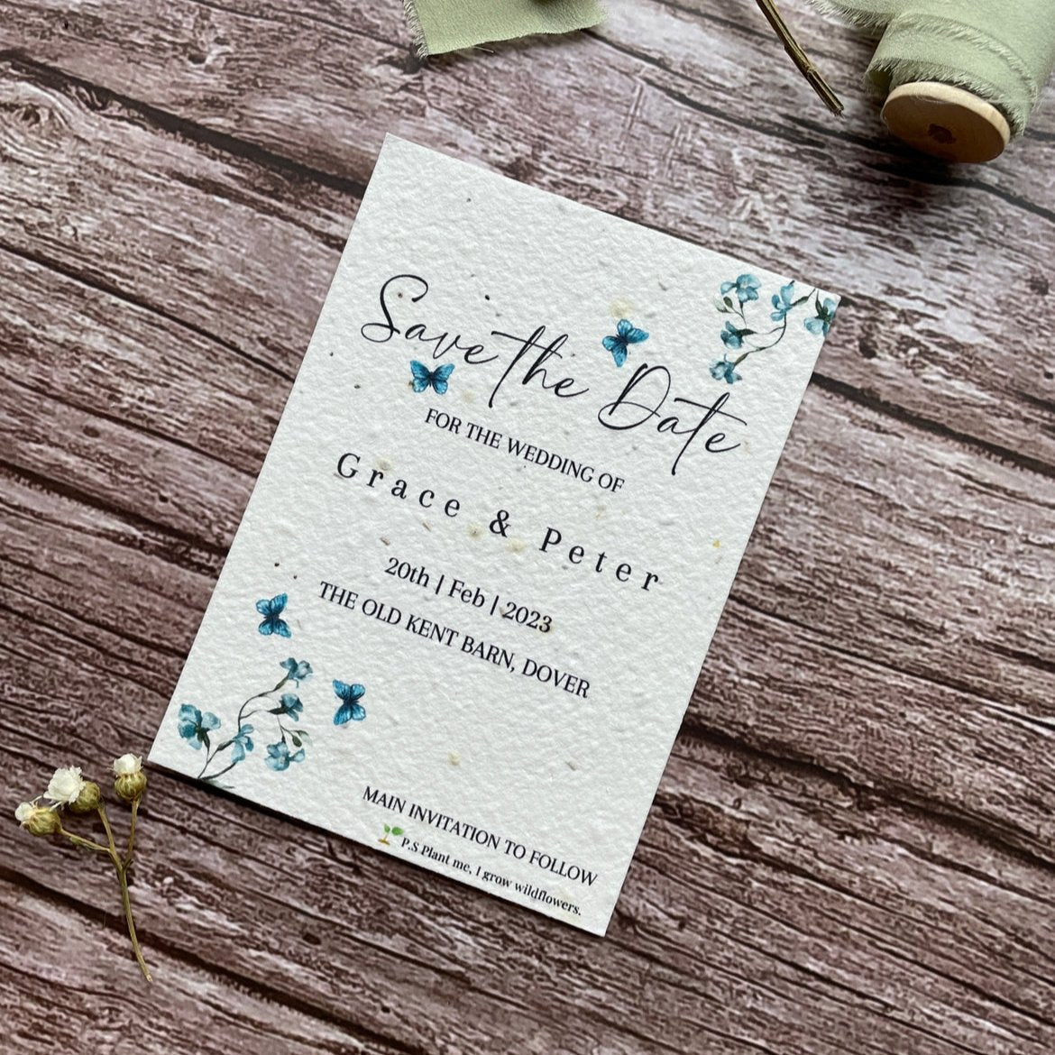 plantable wedding save the date cards dusty blue theme, angled view, alakartcreations