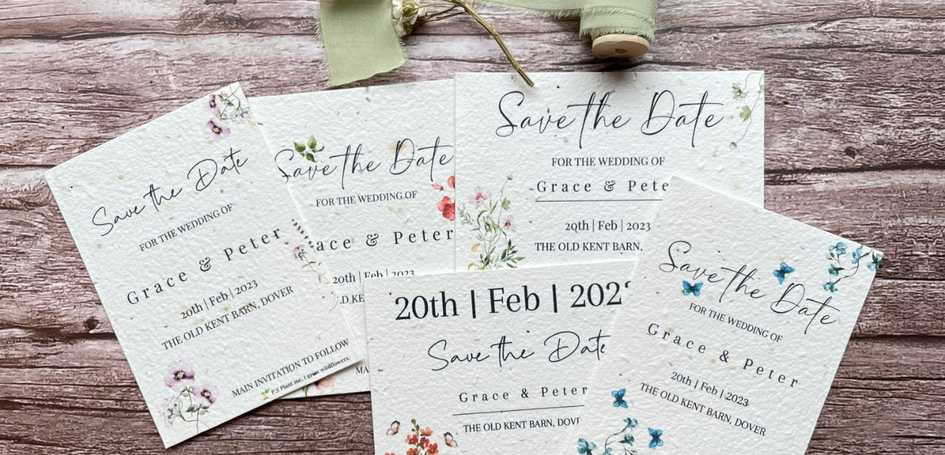 A range of A La KArt Creations wedding stationery products, including their save the date cards in a variety of themes.