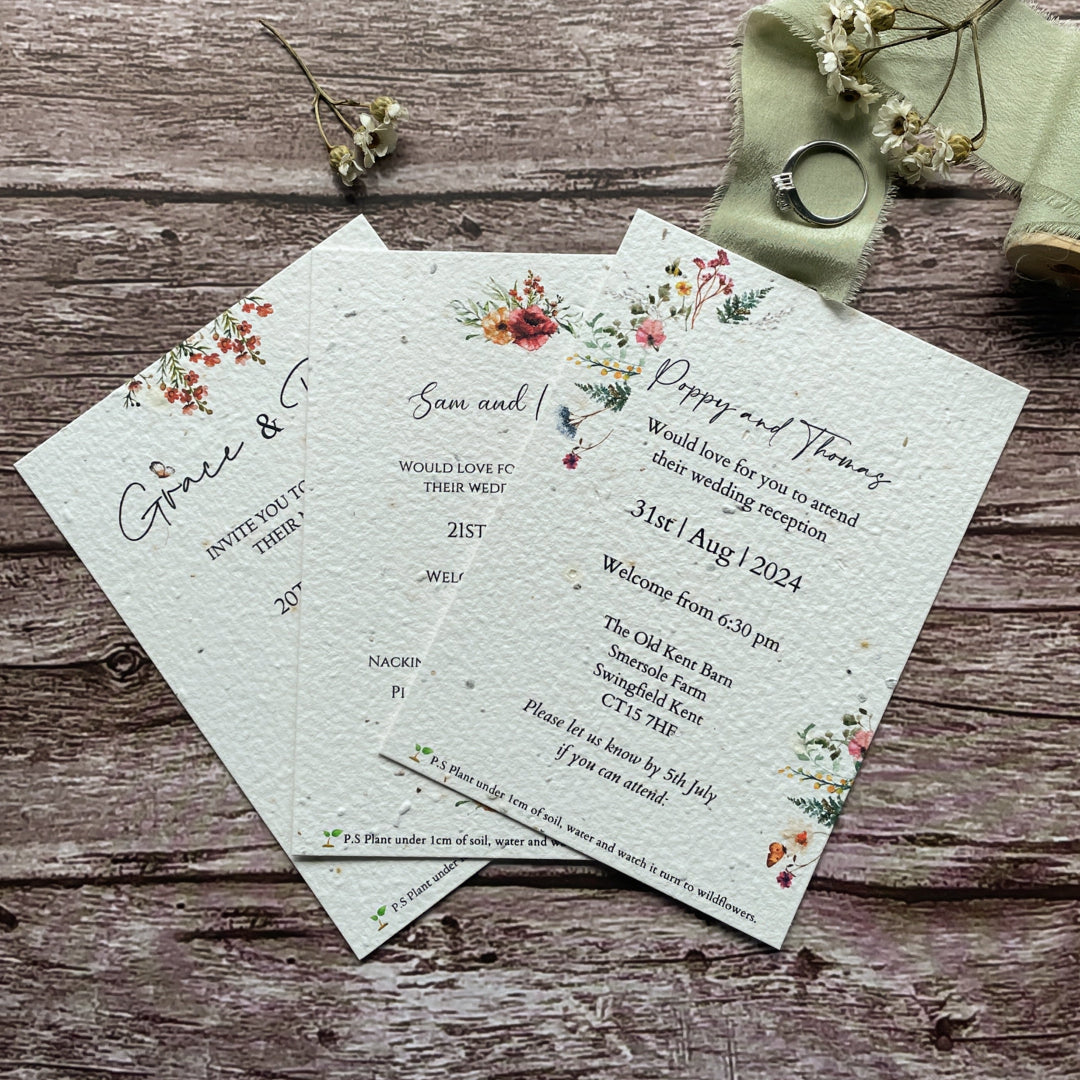 A range of A La KArt Creations evening guest invitations designed for their plantable wedding stationery range