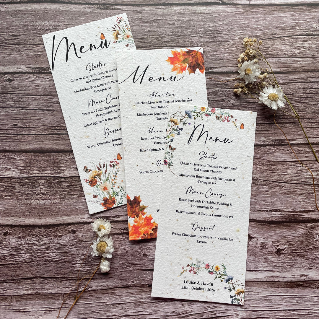 A La KArt Creations wedding stationery menu cards, featuring the range of different themes available