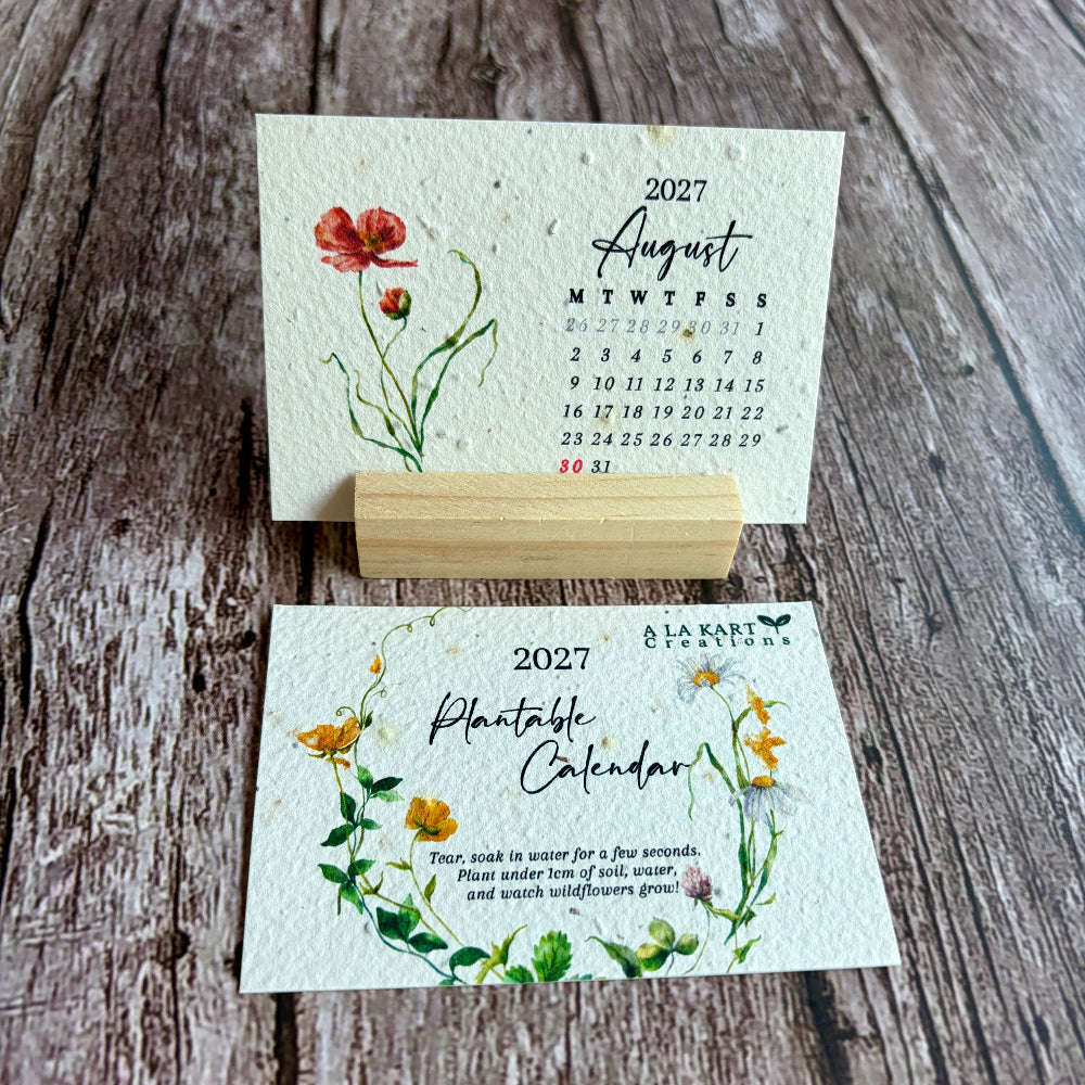 plantable 2027 calendar on wooden stand