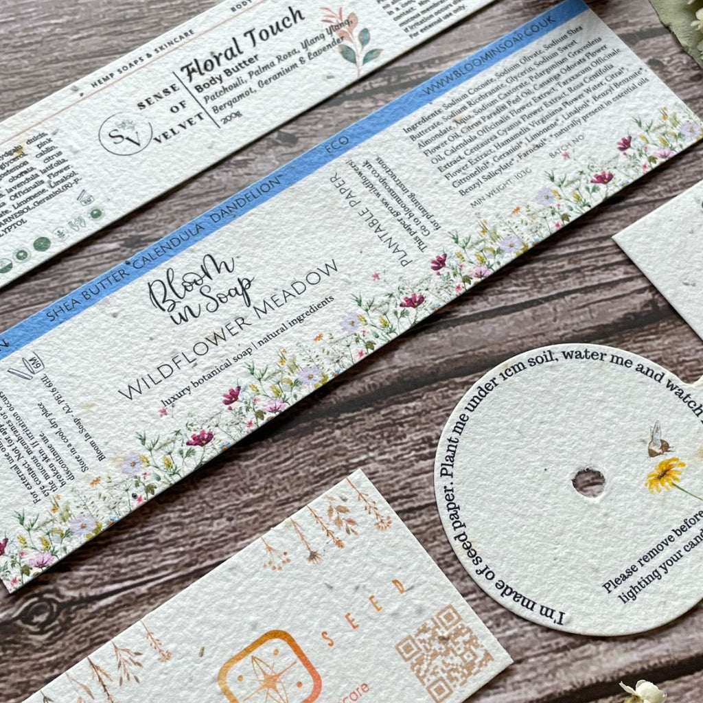 A range of A La KArt Creations plantable business stationery products. Featuring business cards, soap lablels, brand tags and candle dust covers.