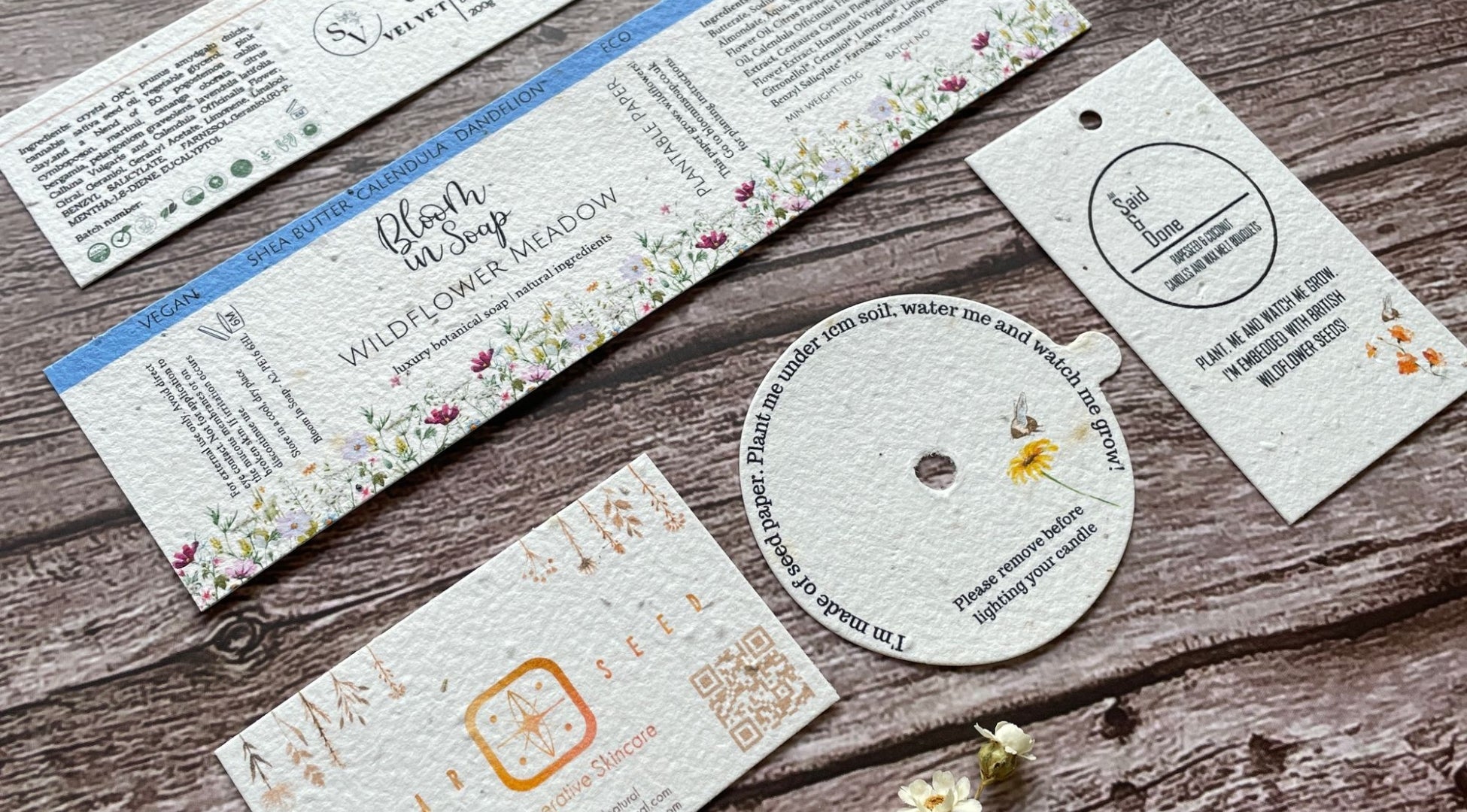 A range of A La KArt Creations plantable business stationery products. Featuring business cards, soap lablels, brand tags and candle dust covers.