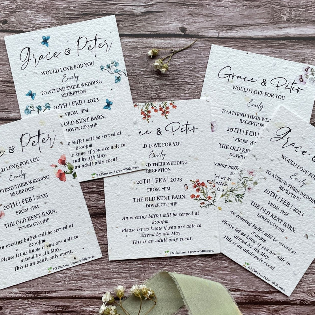 A range of A La KArt Creations evening guest invitations designed for their plantable wedding stationery range