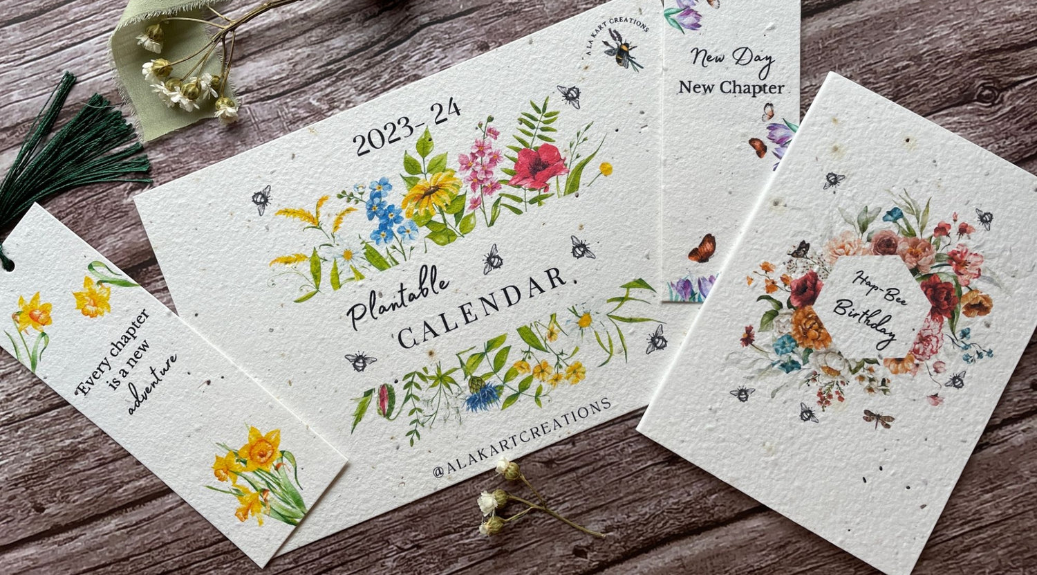 A range of A La KArt Creations plantable gifts and cards, featuring their plantable bookmarks, calendars and greeting cards.