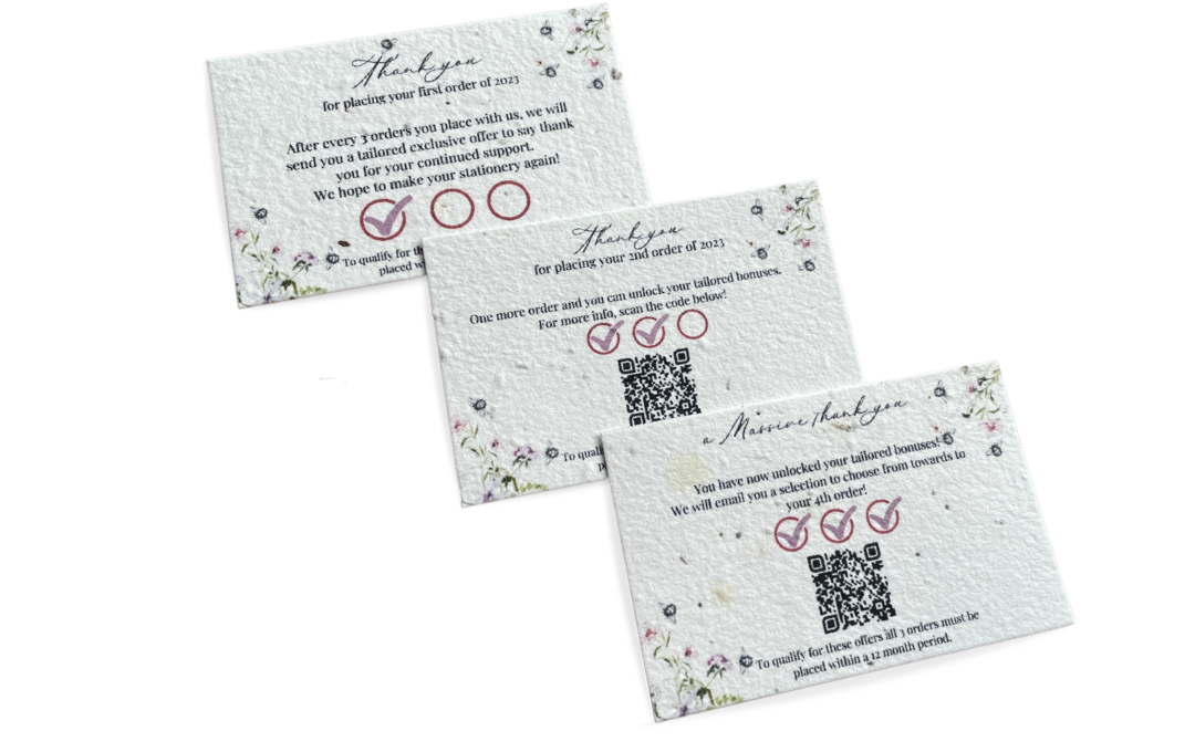 Three of A La KArt Creations loyalty cards, placed side by side, showing the process of collecting all three 'stamps' before receiving your personalised offer.