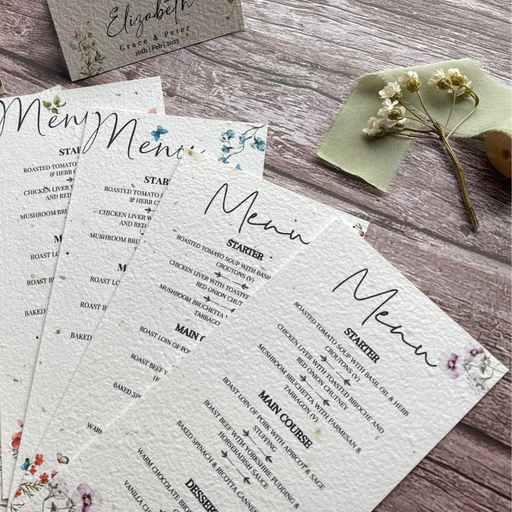 A La KArt Creations wedding stationery menu cards, featuring the range of different themes available