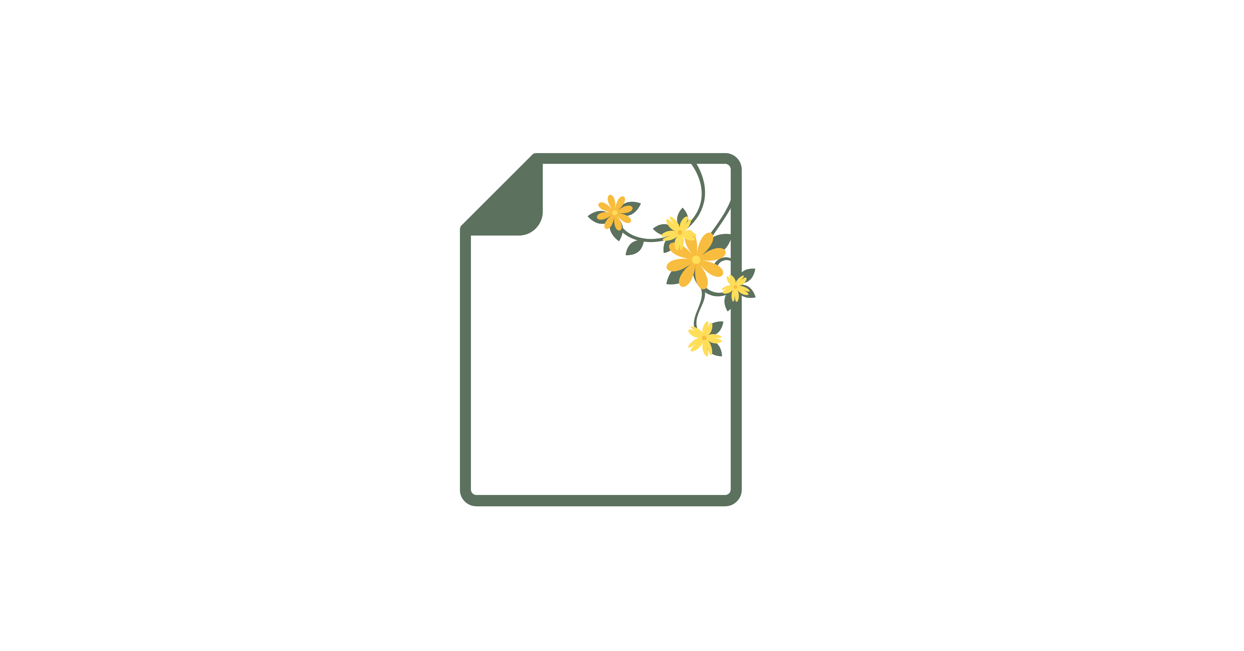 An icon of paper, with yellow flowers blossoming in the corner of a sheet of paper, representing the premium seeded paper that A La KArt Creations uses for all of their products. 