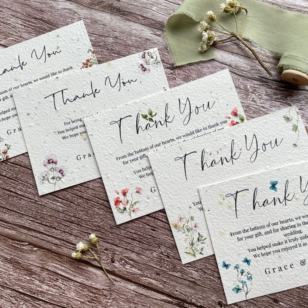 A range of A La KArt Creations plantable thank you cards, designed for wedding stationery