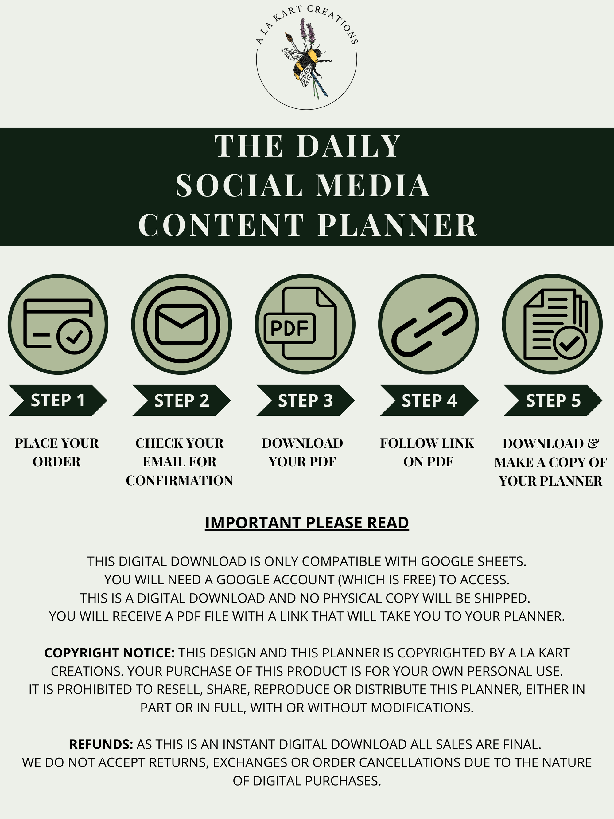 order process steps for daily social media content planner. Contains a year worth of content ideas.