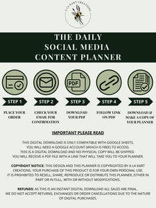 order process steps for daily social media content planner. Contains a year worth of content ideas.