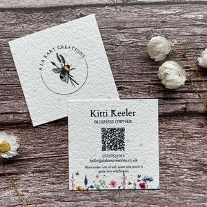 seed paper plantable business cards in a square shape with a QR code