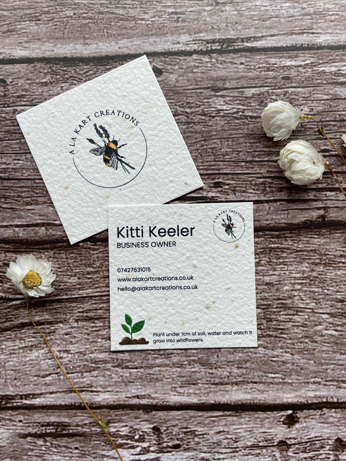 Square Plantable Seed Paper Business Cards with a sprout design