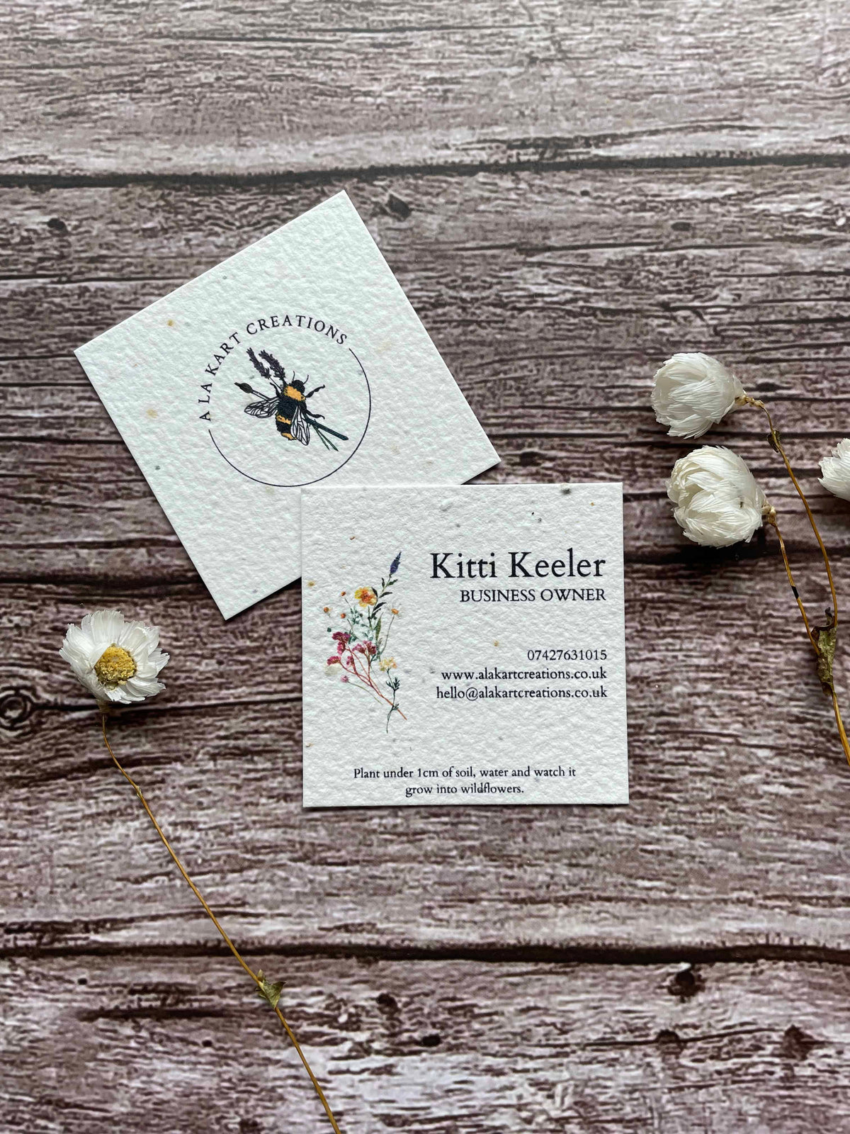 Plantable Square business cards with a wildflower design front