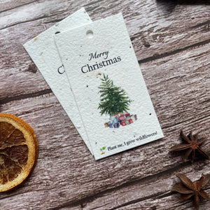 christmas tree seed paper gift tag angled view, featuring handmade eco-friendly materials alakartcreations