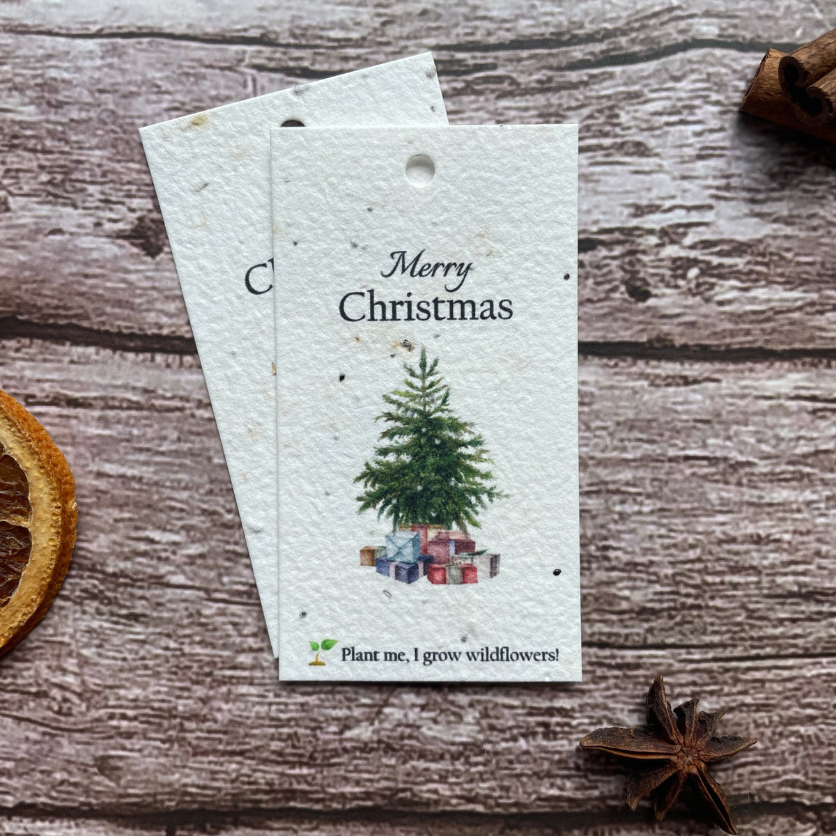 christmas tree seed paper gift tag front view, showcasing plantable seed paper with native UK wildflowers alakartcreations