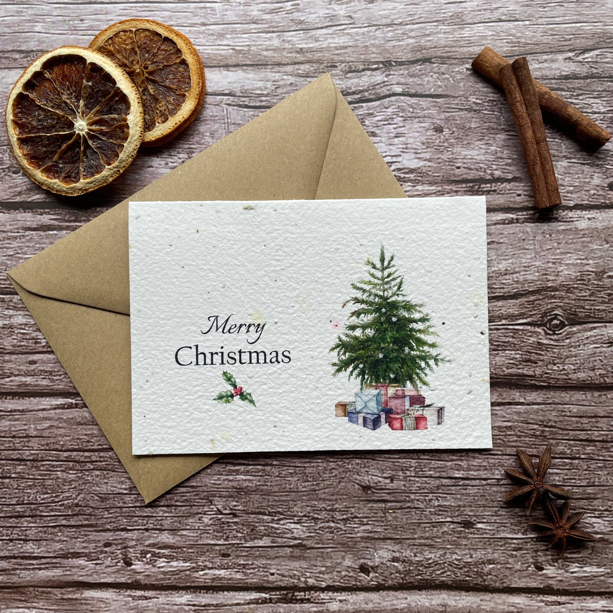 classic christmas tree plantable christmas card front, landscape design, eco-friendly card made from seed paper, alakartcreations