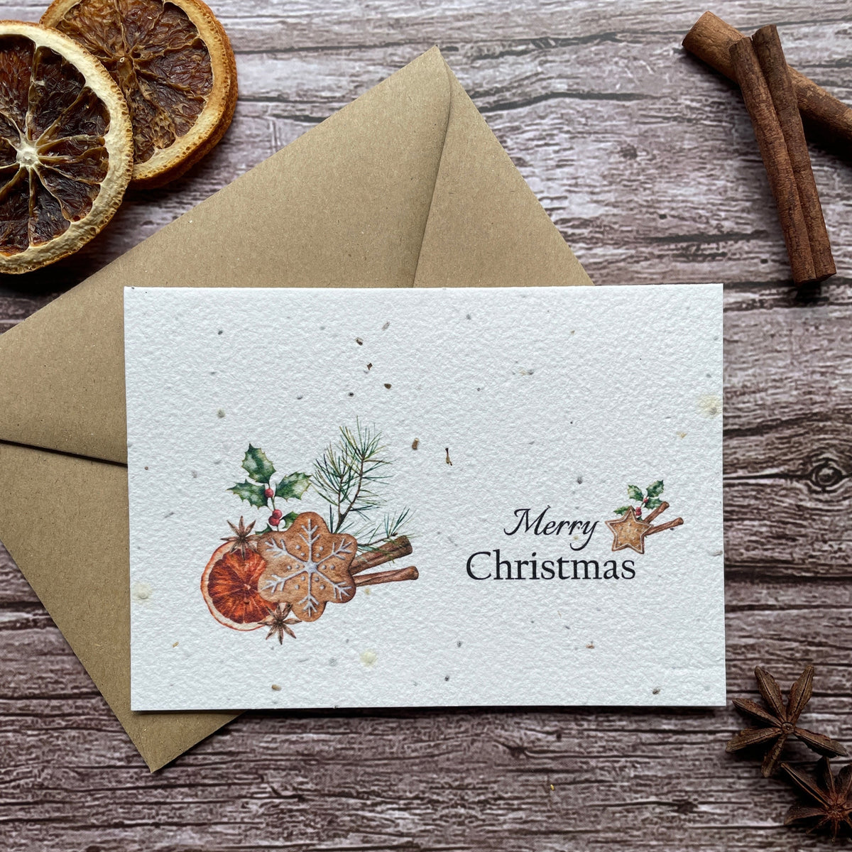 gingerbread plantable christmas card front, landscape design, eco-friendly card made from seed paper, alakartcreations