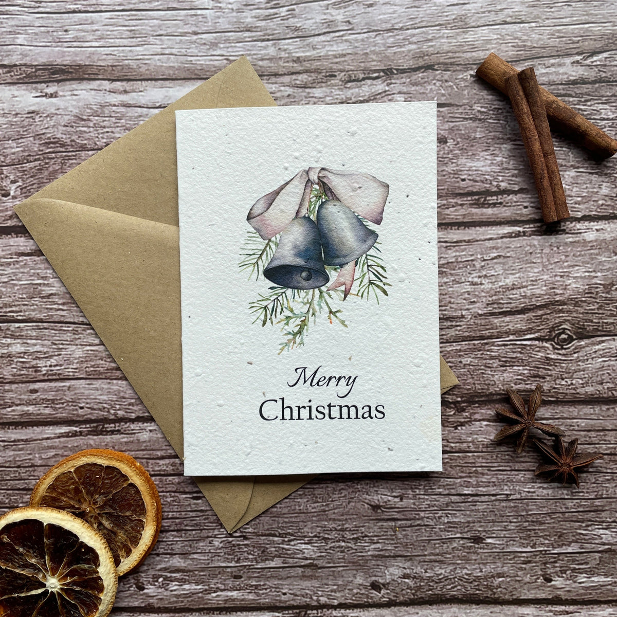 vintage bells plantable christmas card front, portrait design, eco-friendly card made from seed paper, alakartcreations