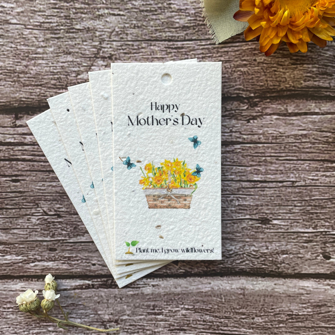 plantable mother's day gift tags with daffodils on a wooden surface