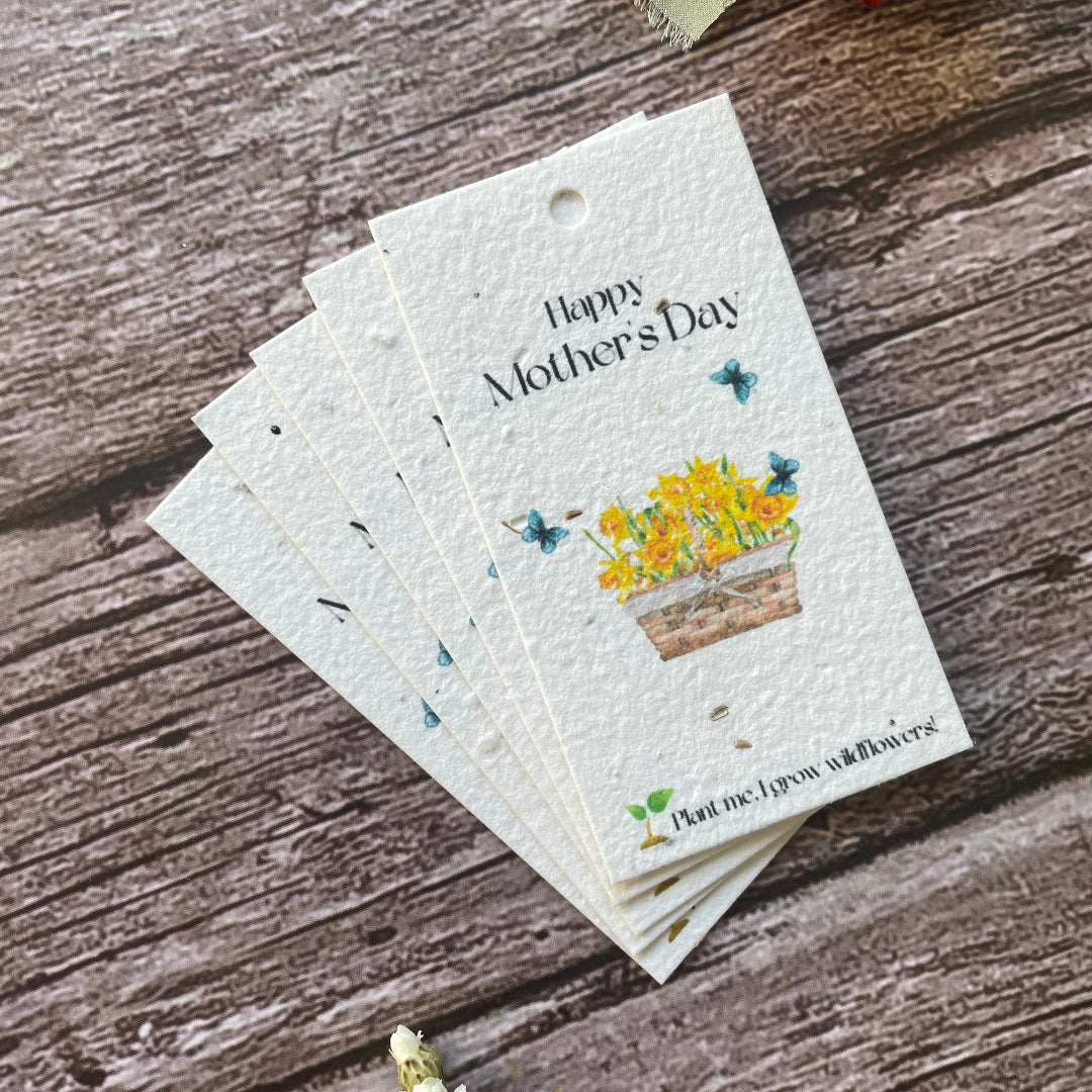 plantable gift tags for mother's day on a wooden surface
