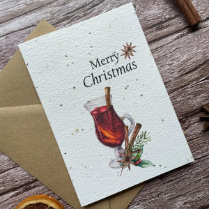 mulled wine plantable christmas card angled front, portrait design, eco-friendly card made from seed paper, alakartcreations