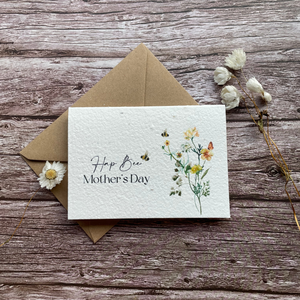 personalised plantable mother's day card with bees and wildflowers, feat. "Hap-Bee Mother's Day" message, handmade in the uk