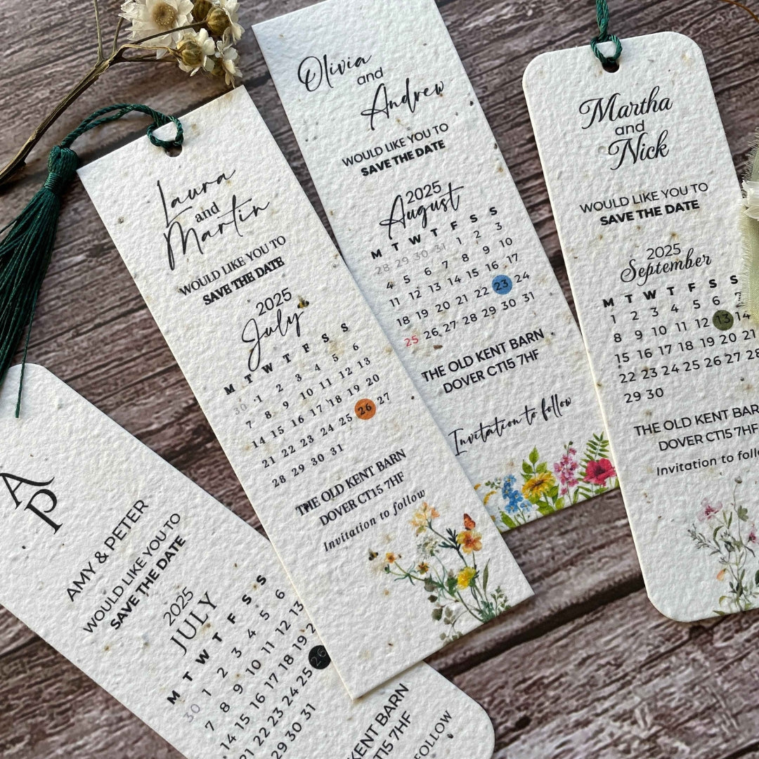 angled view of personalised plantable wedding save the date bookmarks on a wooden background, showcasing eco-friendly seed paper with floral design.