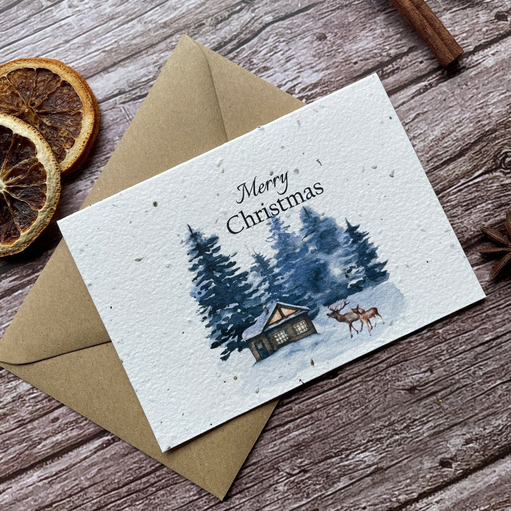 pine forest plantable christmas card angled front, landscape design, eco-friendly card made from seed paper, alakartcreations