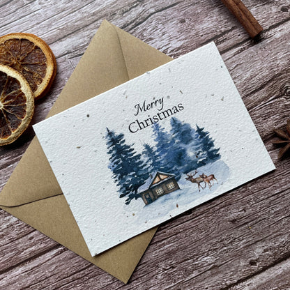 pine forest plantable christmas card angled front, landscape design, eco-friendly card made from seed paper, alakartcreations